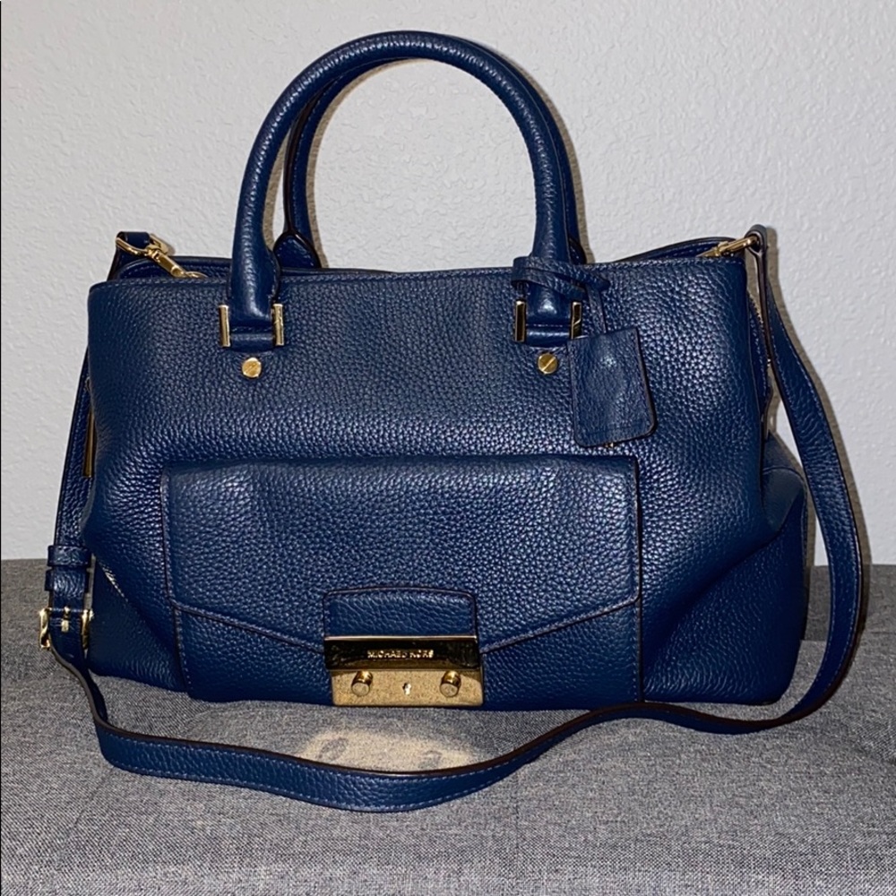 Michael Kors Haley Large Leather Satchel Navy Blue